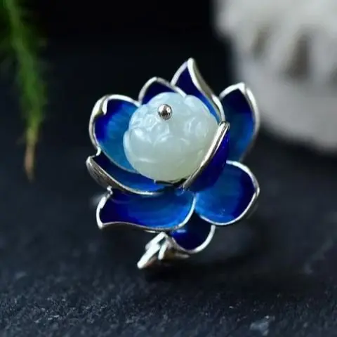 

Blue Lotus S925 Sterling Silver Cloisonne Craft Ornament Inlaid Hetian Jade Lotus Seedpod Ring Ring All-Match Retro Female
