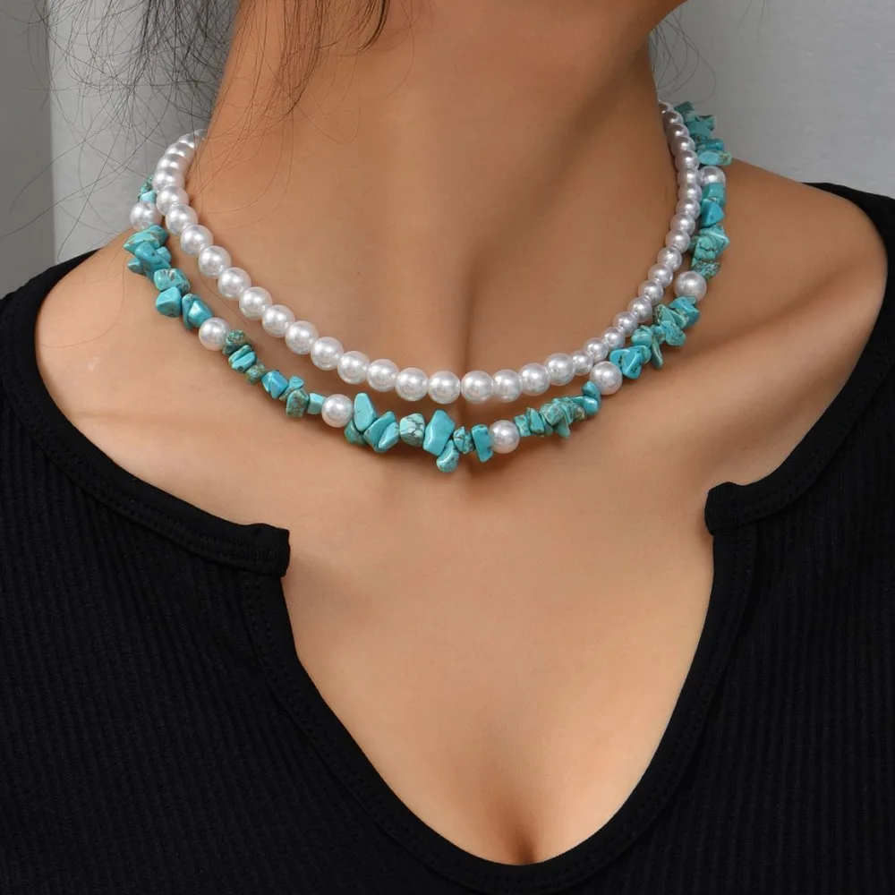 

European and American Bohemian Turquoise Necklace Irregular Woven Short Clavicle Chain Pearl Shell Necklace Gothic Necklace