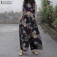 2021 zanzea retro floral overalls womens summer jumpsuits wide leg pants female printed rompers casual playsuits