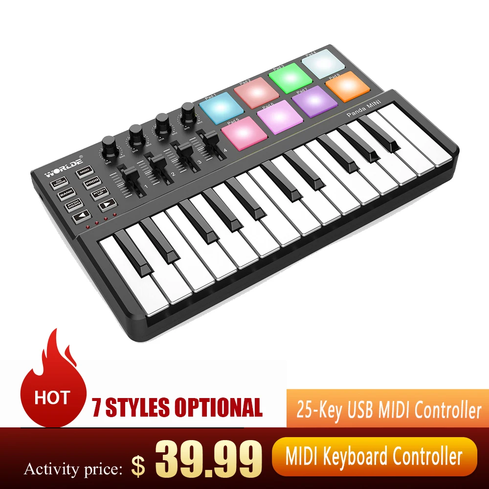 WORLDE 25 клавиш Midi контроллер клавиатуры USB MIDI клавиатура 8 RGB с подсветкой