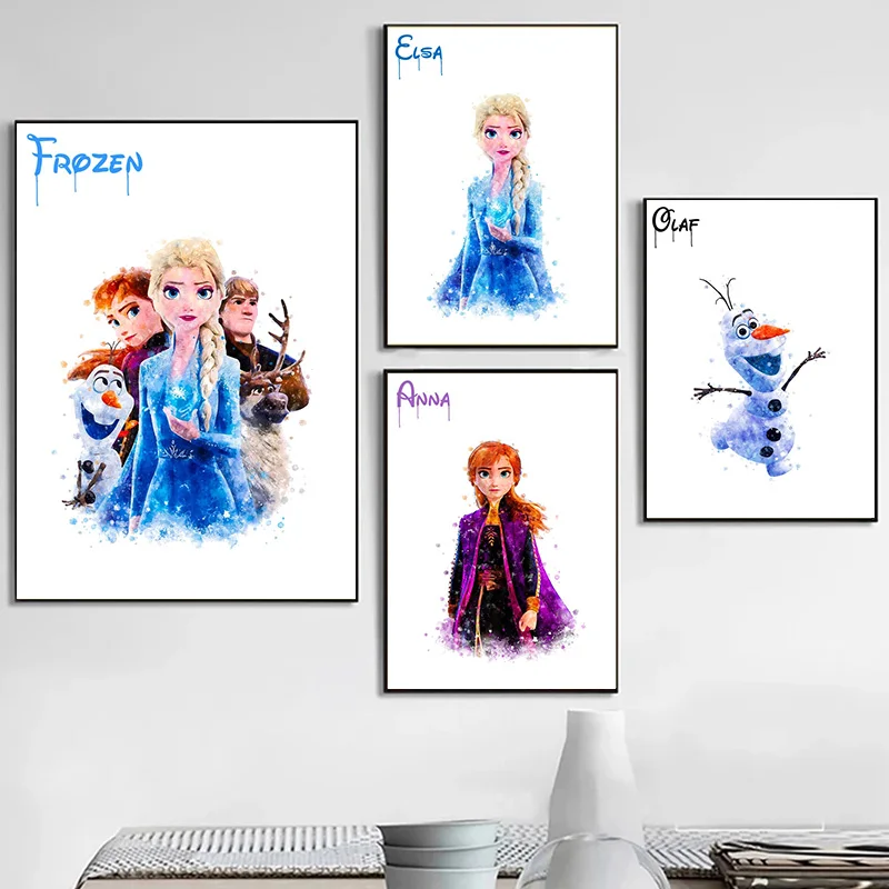 

Watercolour Frozen Poster Prints For Kids Bedroom Nursery Disney Princess Anna Elsa Canvas Painting Wall Art Cartoon Home Decor