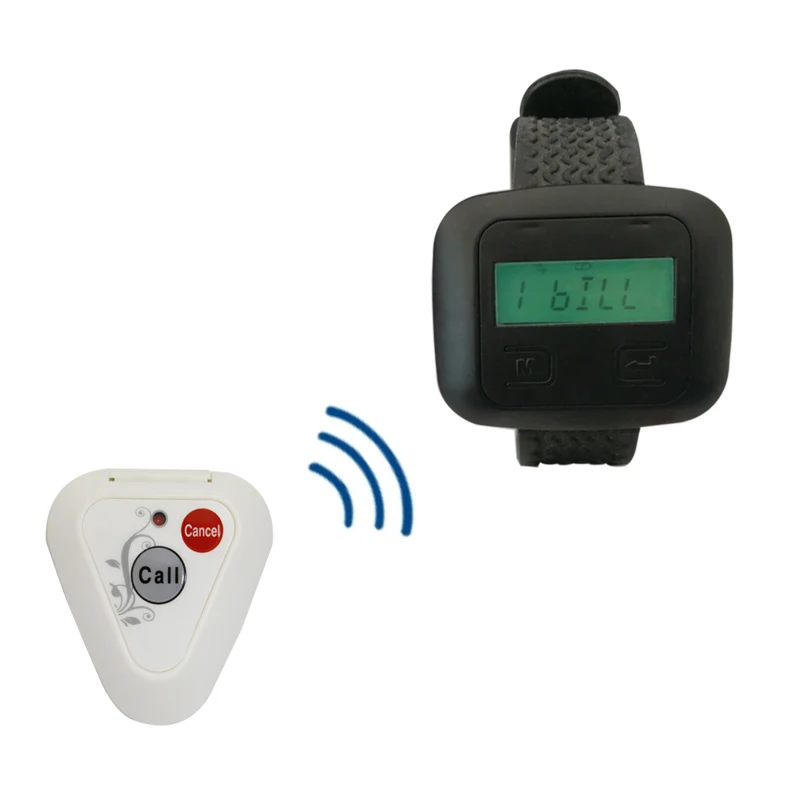   Wireless Pager System Restaurant  1 Wrist Watch Receiver +1 White Triangle Call Buttons For Church Coffee Shop