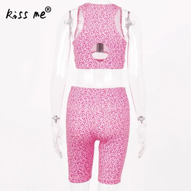 Pink Crop Top Women Yoga Set Vintage Two Piece Tank Pants Leopard Suit Sexy Workout Sports Sets Leggings+Strappy | Спорт и