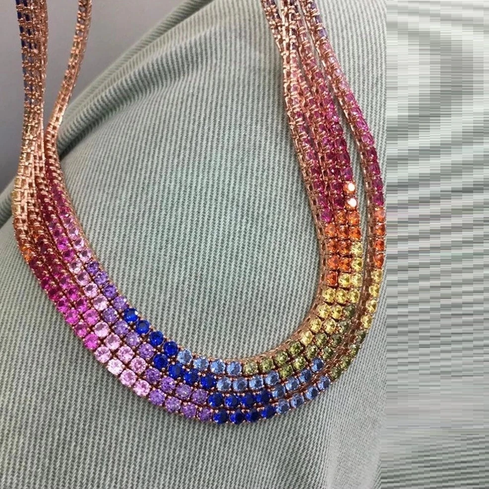 

2022 New Iced Out Bling 16" 18" Rainbow Colorful Cubic Zirconia CZ 5mm Tennis Chain Women Men Charm Choker Necklace Jewelry Gift