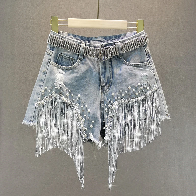 Female Denim Shorts 2021 Summer Wear New High Waist Slimming Heavy Beaded Sequin Fringed Ripped Wide Leg Pants Jeans Hot Pants