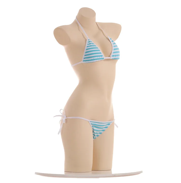 Anime Miku Kawaii Mini Bikini Cosplay Blue White Striped Micro Bikini Swimming Suit for Women Tie Side Swimsuit Set