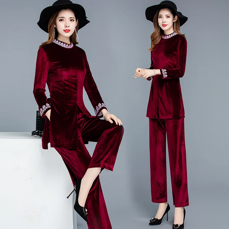 Винтажный бархатный 2019 весенний комплект из 2 предметов для женщин вышивка