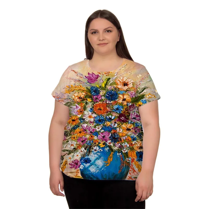 4XL Casual Oversized Summer T Shirt 2022 New Women Floral Print T Shirt Short Sleeve O-Neck Ladies Cotton Tops Plus Size Clothes