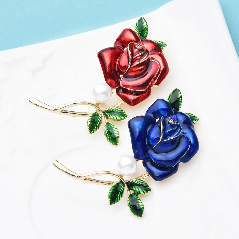 

Wuli&baby Enamel Red Blue Rose Brooch Pins For Women Valentine's Day Gift Flower Brooches Badge