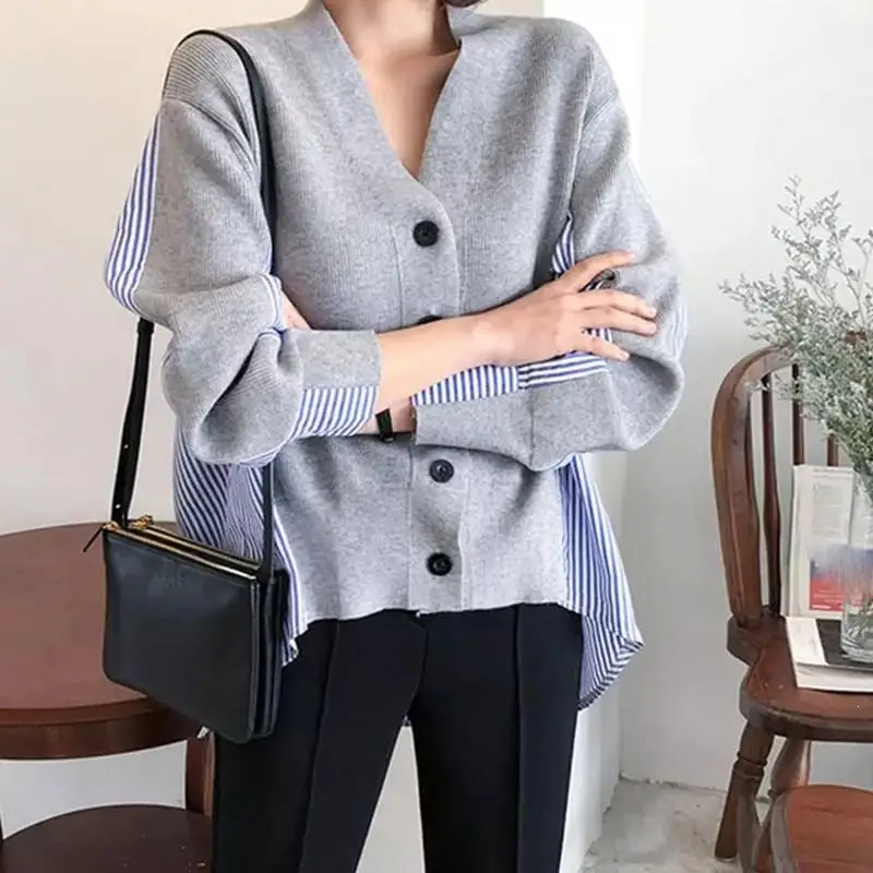 New Autumn Women's Sweaters Patchwork Srtiped Knitting V-Neck Cardigans Casual Single Breasted Loose Tops |