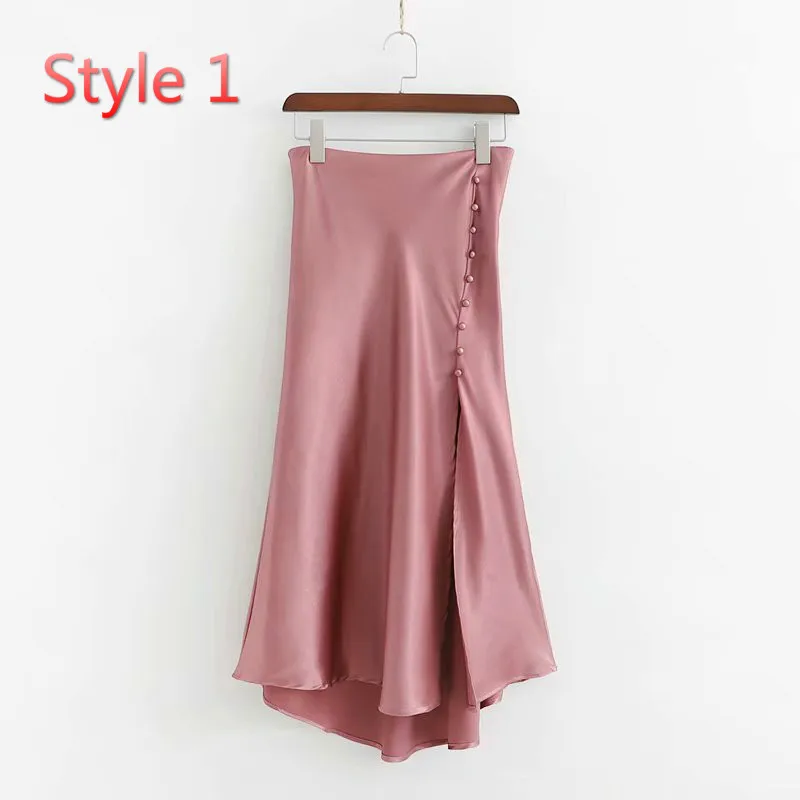 Style-1 JuneLove, женские летние глянцевые атласные юбки-трубы, юбка с высокой талией, розовая пикантная юбка средней длины, раскол, металлический цвет, юбка для вечеринок, низ - Цвет: Style-1