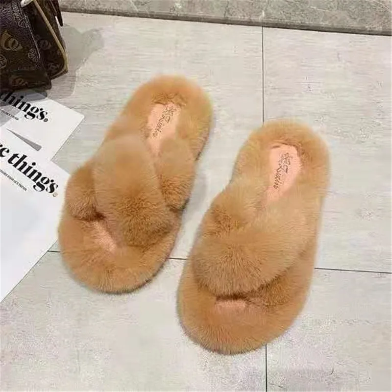 

QIANMAOHUI Fashion faux fur tall imitation rex rabbit ladies spring/summer high-end flip-flops