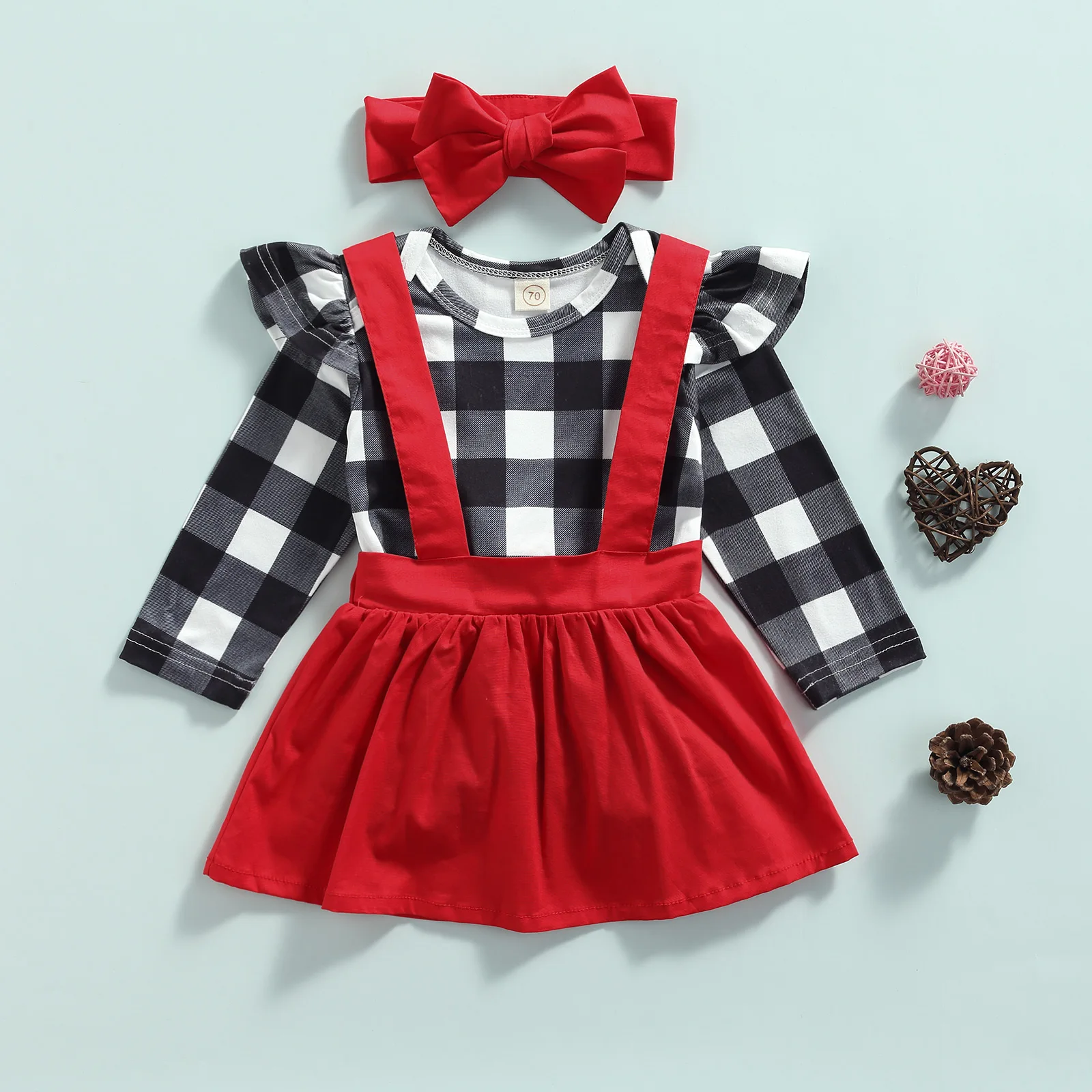 

3Pcs Baby's Sets Plaid Long Sleeve Romper Solid Suspender Skirt Headband Toddler Girls Spring Autumn Cotton Clothing 0-24 Months
