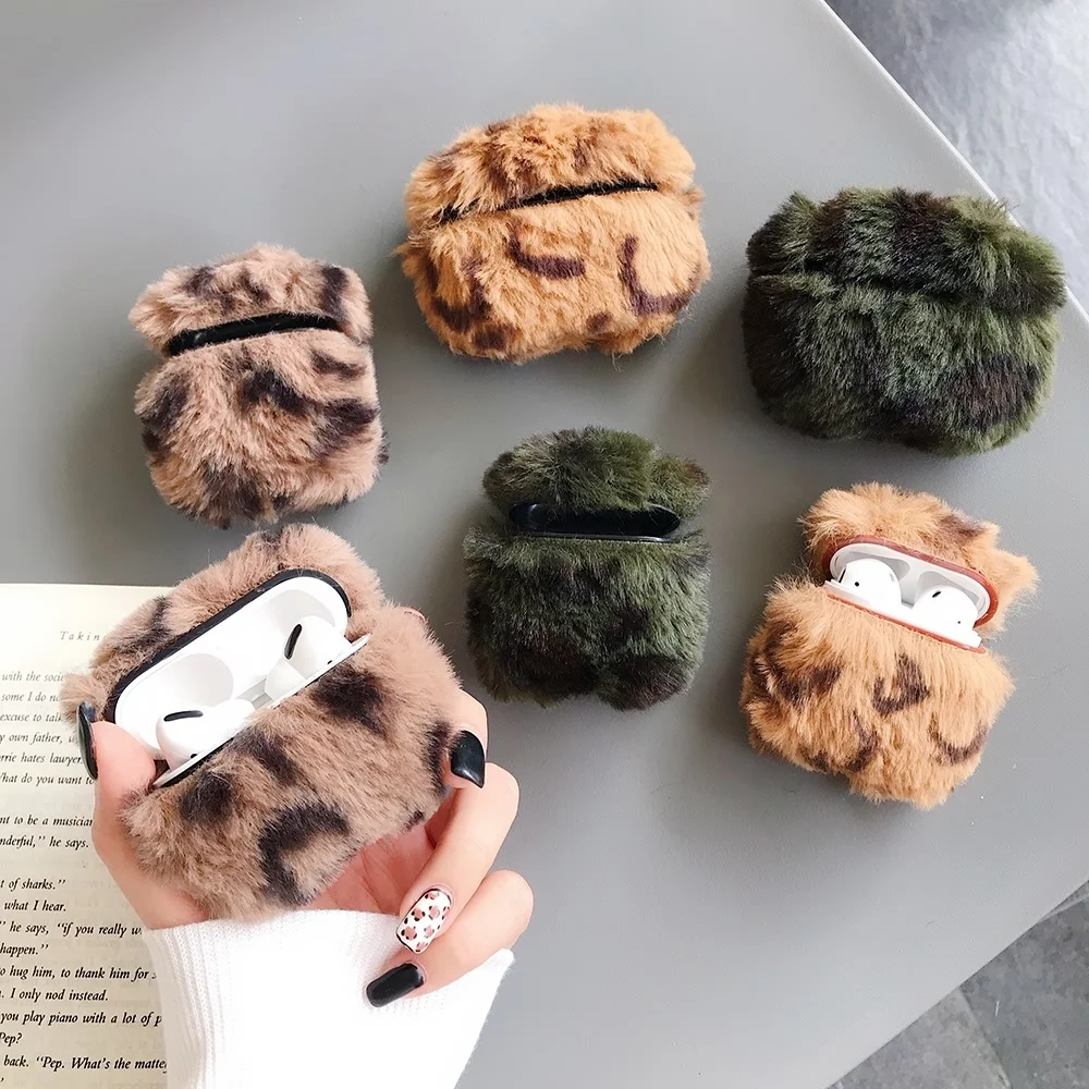 

Cute Leopard Fluffy Case For AirPods 1 2 Warm Fur Plush Shockproof Anti-dust Cover For Airpods Pro Apple Charging Capa