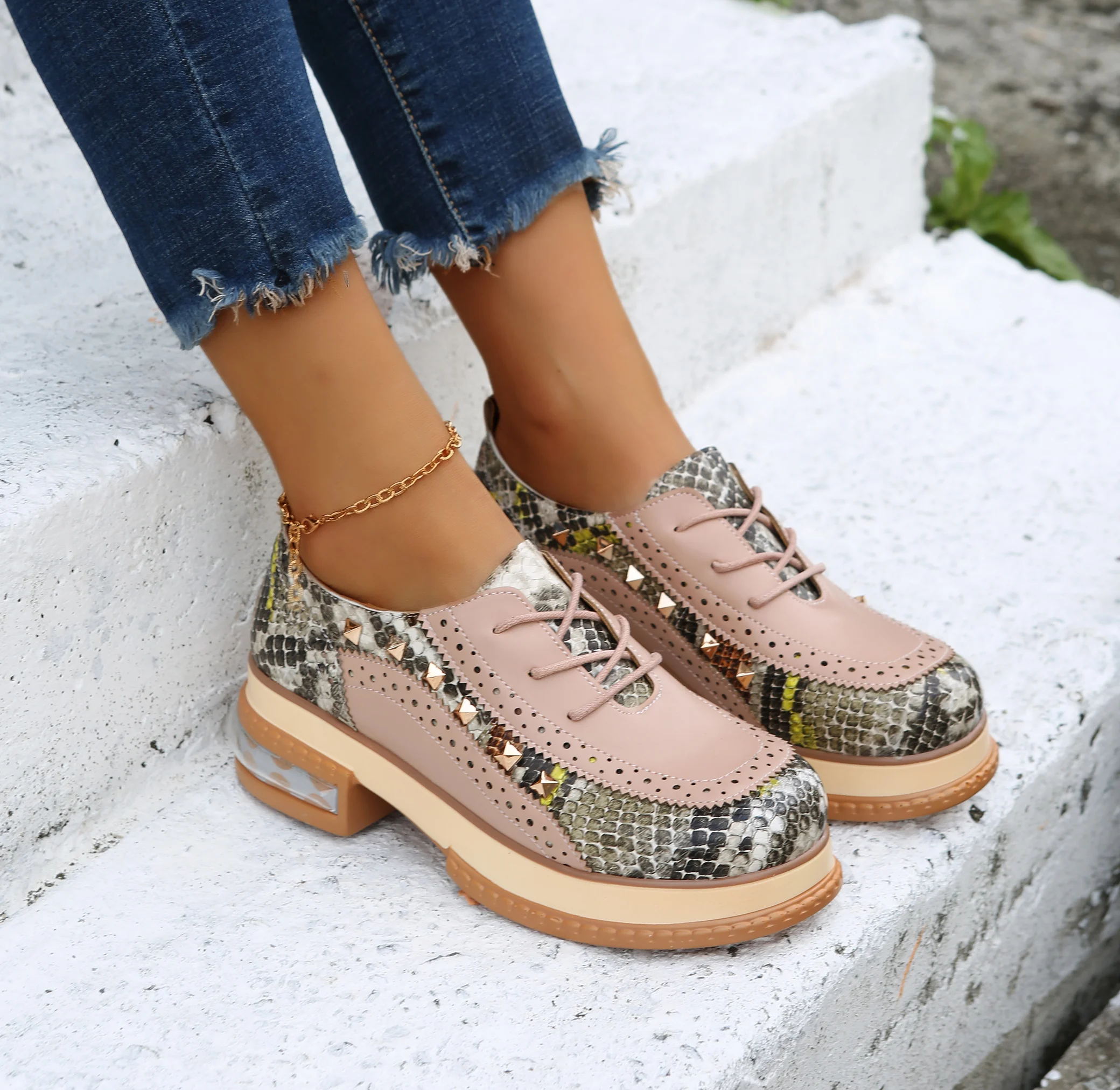 

35~43 Big Size Vintage British Style Oxfords Round Toe Gold Pink Lady Lace Up Brogues Loafers Casual Shoes For Women