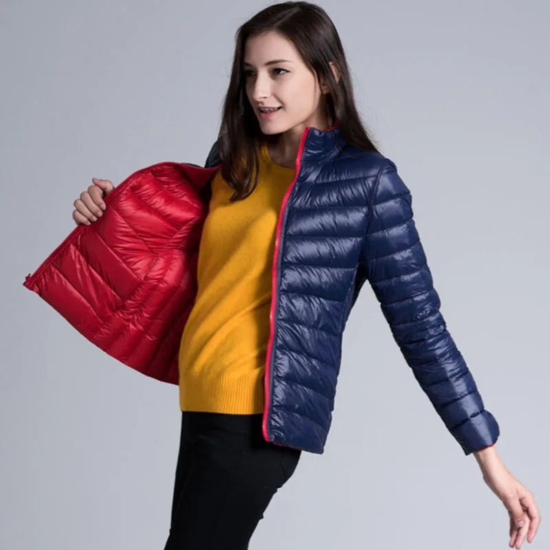 Women Down Jackets Super Light Thin Style 2019 Fall Autumn Winter Female Slim Short Coats Stand Collar Fashion Double-sided Wear | Женская
