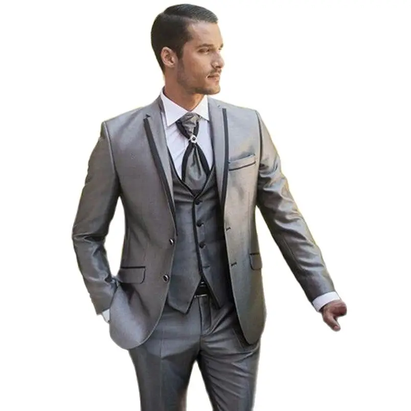 

New Men Wedding Suit Silver Tuxedos For Men Groomsmen Groom Wear Silm Fit Mens Wedding Prom Blazer Suits (Jacket+Pant+vest)