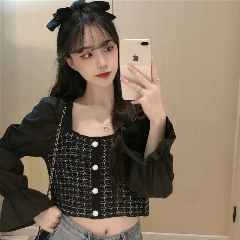 

Women's 2020 Spring Autumn Lattice Knitwear Puff Sleeve Short Top Woman Sweaters Femme Chandails Pull Hiver