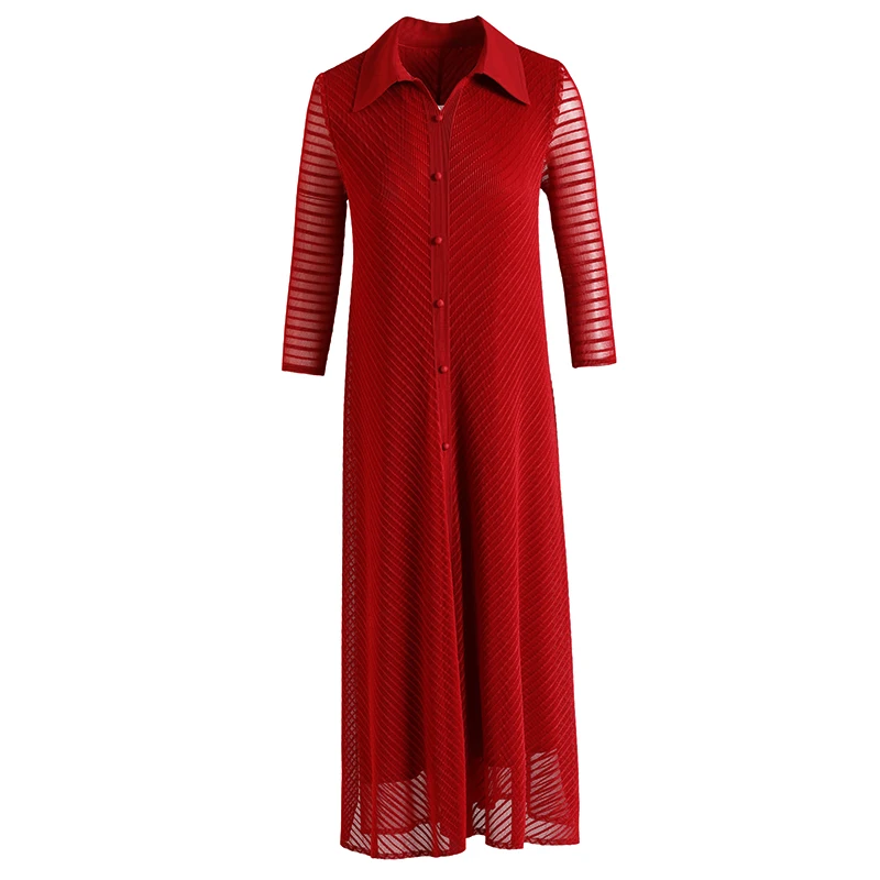 

Plus Size Mesh Dress Women 2021 Spring Solid Colour Miyake Pleated Elastic Loose Turndown collar Dress For Women 45-75kg