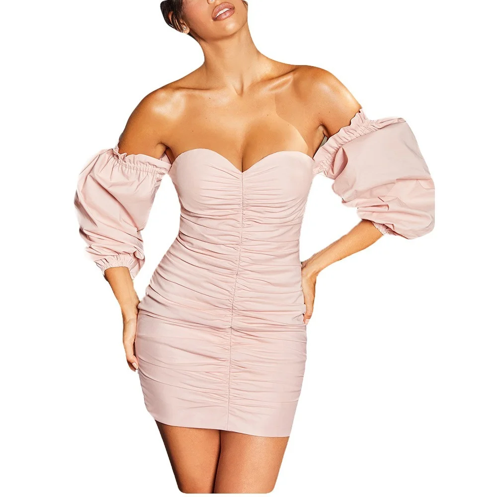 

2021 New Hot Style Strapless One-word Neck Pleated Sexy Lantern Sleeve Tube Top Dress Dress for Women Gothic Dress