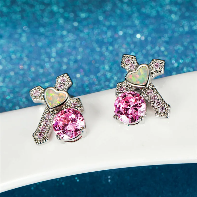 

Cute Female White Heart Opal Earrings Dainty Silver Color Cross Wedding Earrings Vintage Pink Round Crystal Earrings For Women