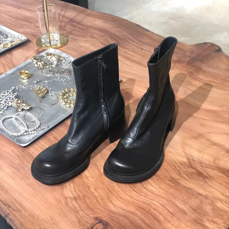 

Women RoundToe High Heels Motorcycle Pu Leather England Boots Womens Ankle Boots Brand Designer High Heel Boots