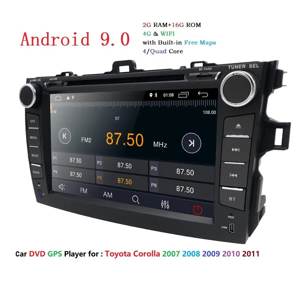 Android 9 0 автомобильный dvd плеер для Toyota corolla 2007 2008 2009 2010 2011 в dash 2 din 1024*600 gps навигация