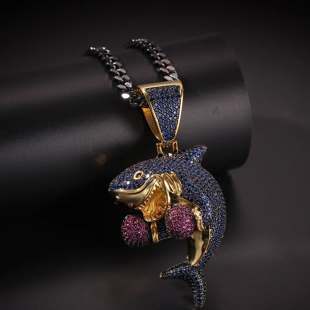 

Boxing Shark Pendant HipHop Bling Purple Blue Copper Material Necklace Chain Fashion Hiphop Jewelry Men women