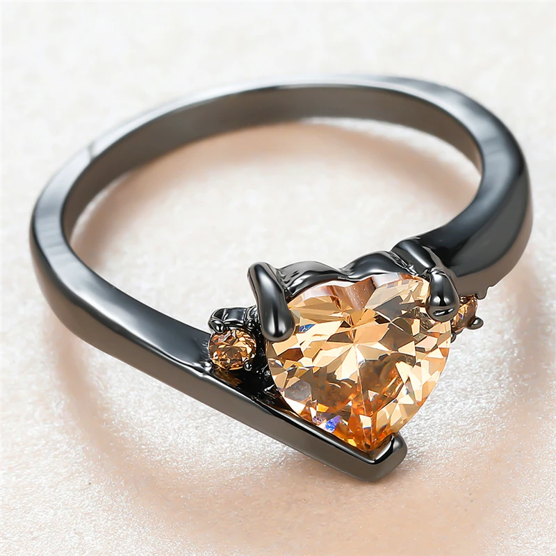 

Trendy Female Champagne Crystal Thin Ring Charm 14KT Black Gold Wedding Rings For Women Luxury Bride Love Heart Engagement Ring