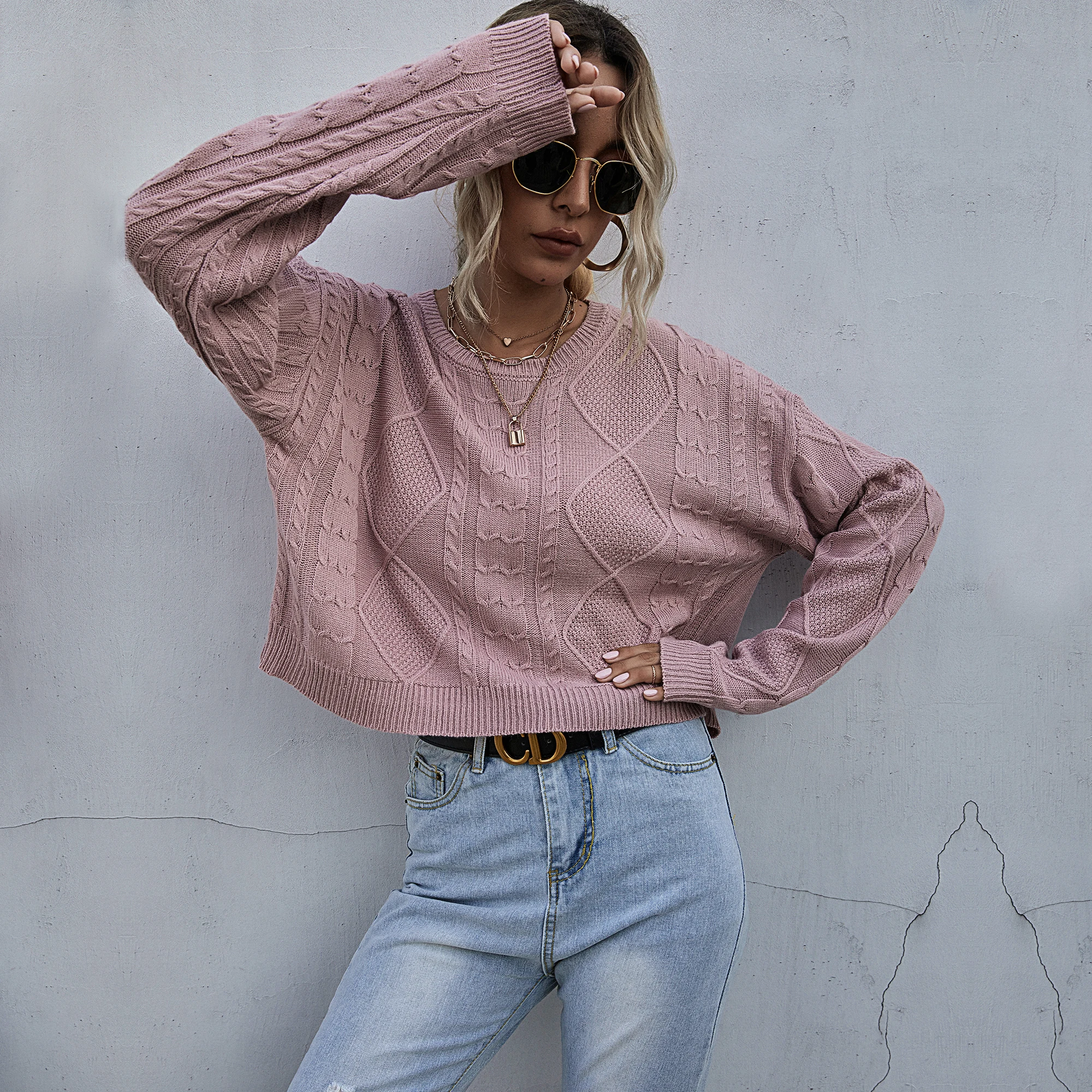 

Fashion Women Pure Color Short Sweater Autumn Winter O Neck Long Sleeve Knitted Sweater Female Loose Knit Pullover Femme