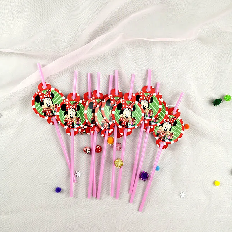 Straws 10pcs Минни Маус День рождения украшения набор розовый красный для маленьких девочек Детские принадлежности торт тарелки воздушные шары Тема аксессуары скатерть - Цвет: Straws 10pcs