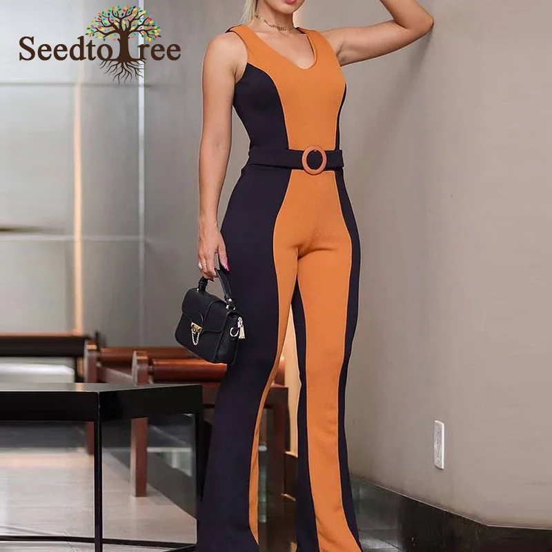 

Colorblock Thick Strap Sleeveless U-Neck Belted Rompers Women Jumpsuit Casual Slim Overalls