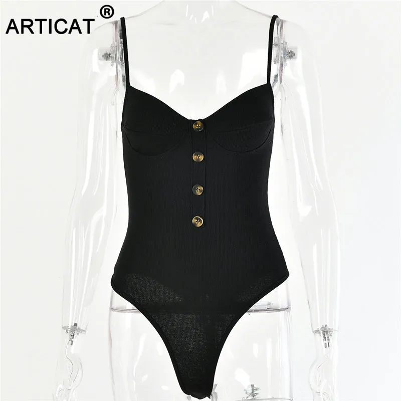Articat Knitted Spaghetti Strap Sexy Bodysuit Women Tops Backless Buttons Bodycon Rompers Women Jumpsuit Basic Party Overalls