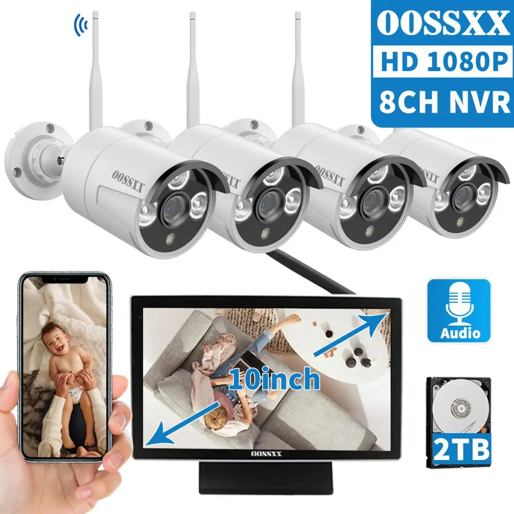 OOSSXX 8CH 1080P Беспроводной NVR комплект 10' монитор беспроводной CCTV 4 шт Крытый