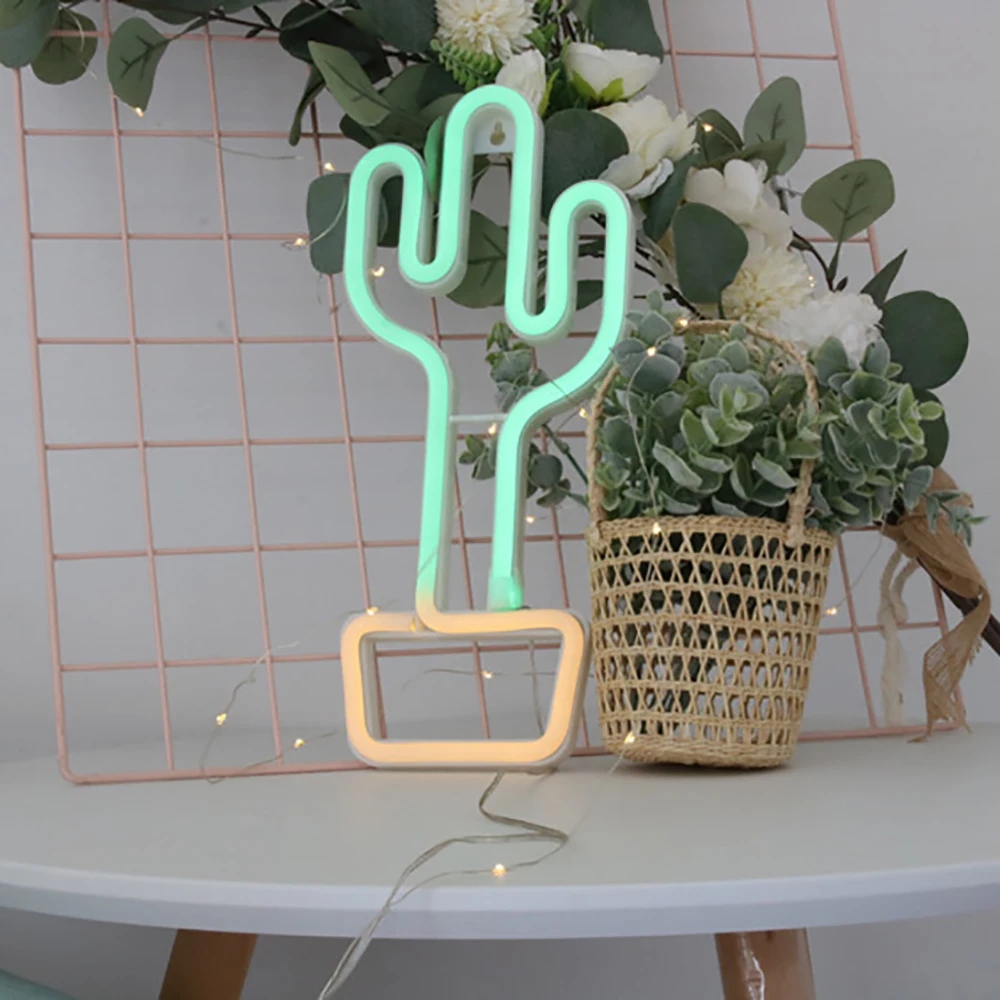 Luz de ne&oacute;n Led de Cactus en maceta con bater&iacute;a, l&aacute;mpara bonita alimentada por USB para dormitorio, decoraci&oacute;n de fiesta, regalo de vacaciones, fondo fotogr&aacute;fico, novedad de 2021-2