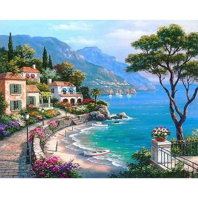 

Mediterranean Sea DIY Oil Paint by Number Kits DIY Canvas Painting by Numbers Acrylic for Adults Kids Arts Craft for home decor