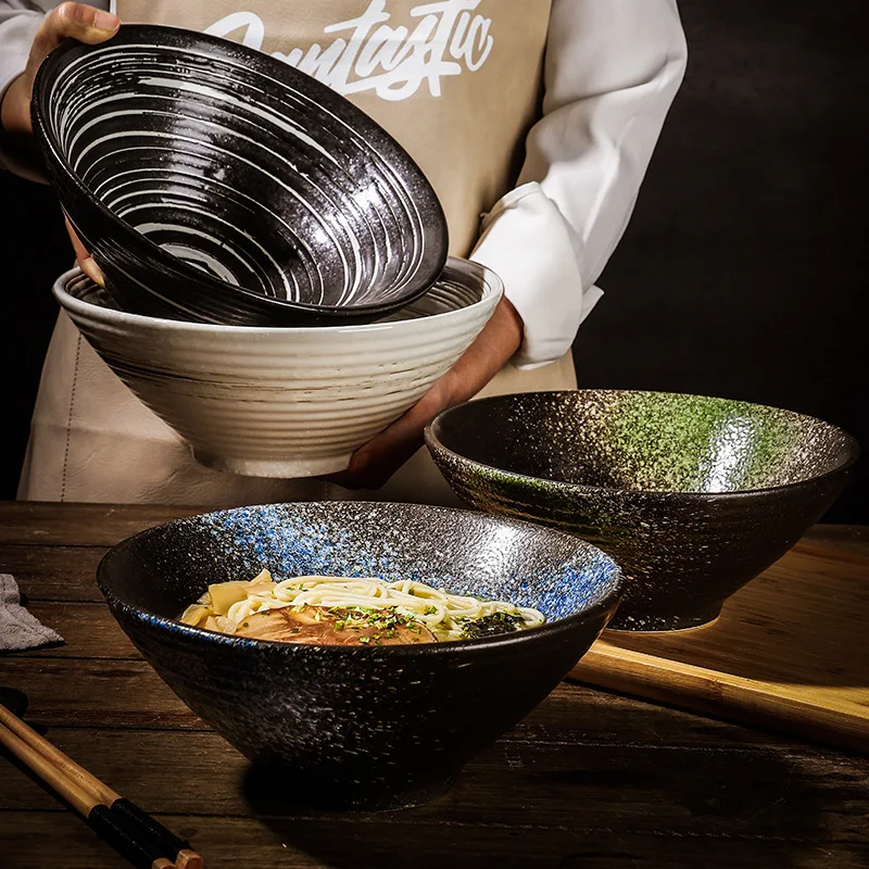 Large Noodle Bowl Stoneware Black Bucket Big Bowl Creative Farmhouse Ceramic Ramen Bowl Japanese Noodle Soup Large Rice Bowl