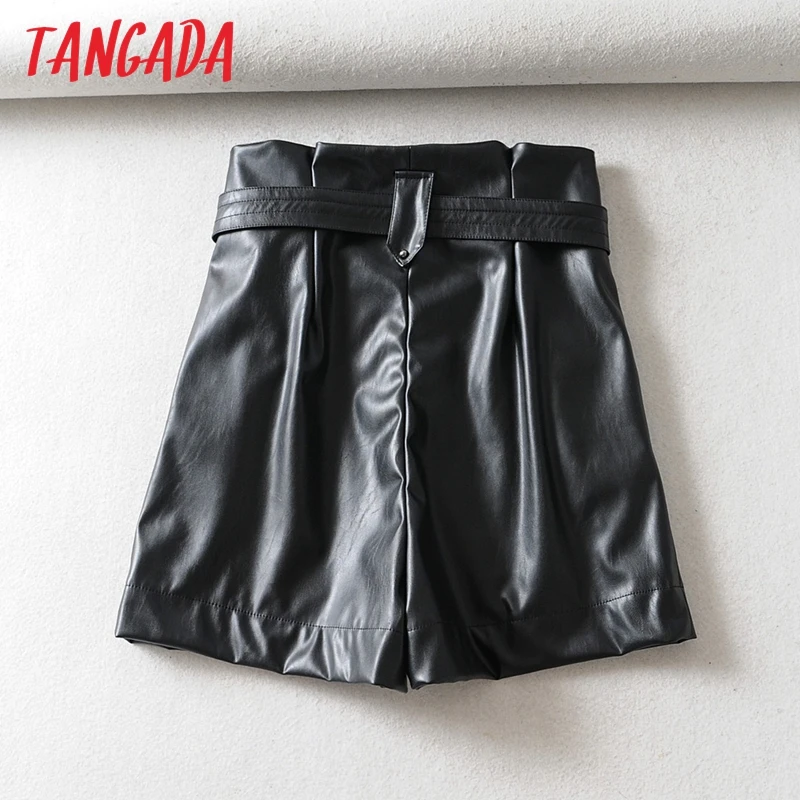 Tangada Модные женские черные кожаные шорты с поясом, шорты с высокой талией, офисные женские зимние шорты 6A03