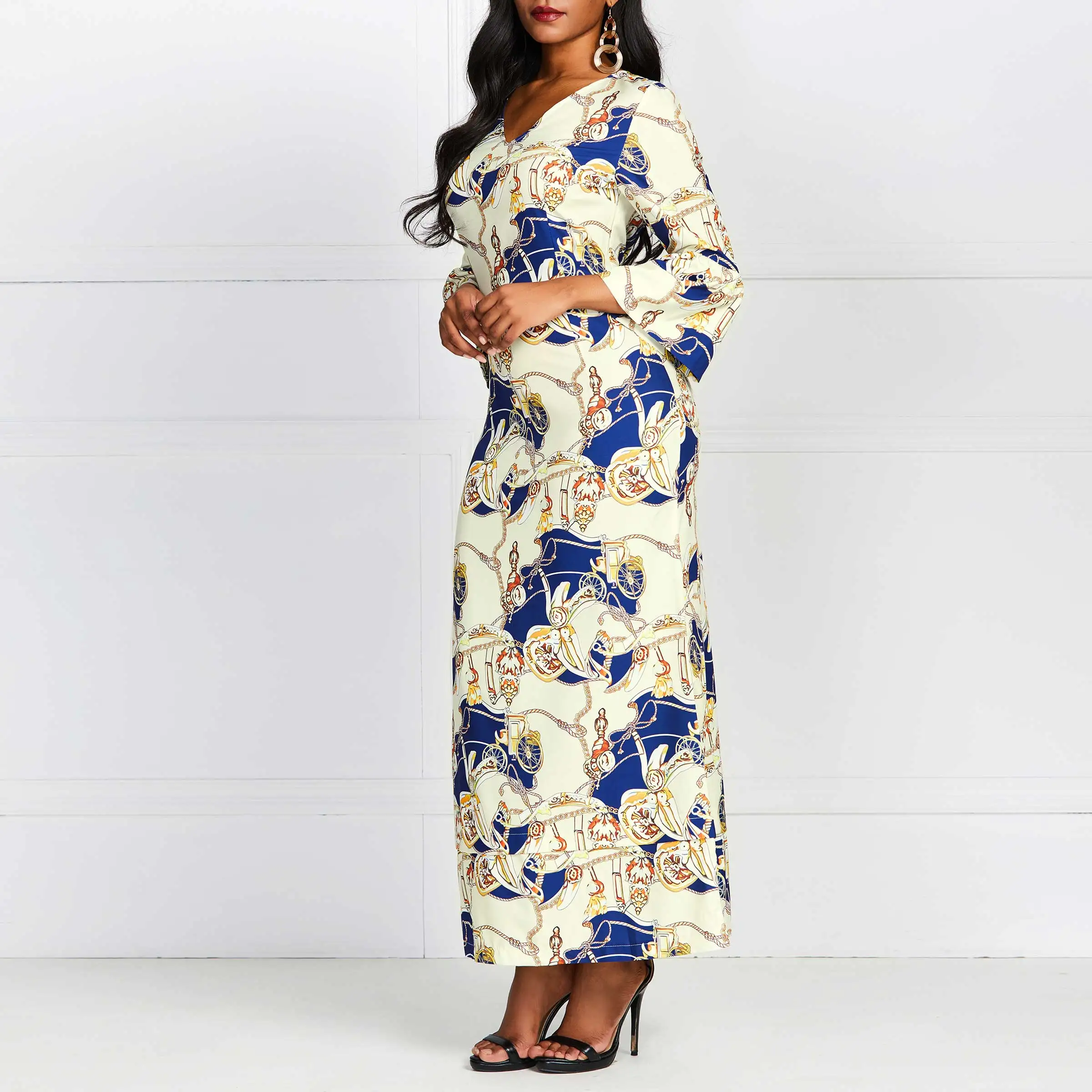 2019 Платье макси с принтом женское платье v-образным вырезом Роскошное винтажное в