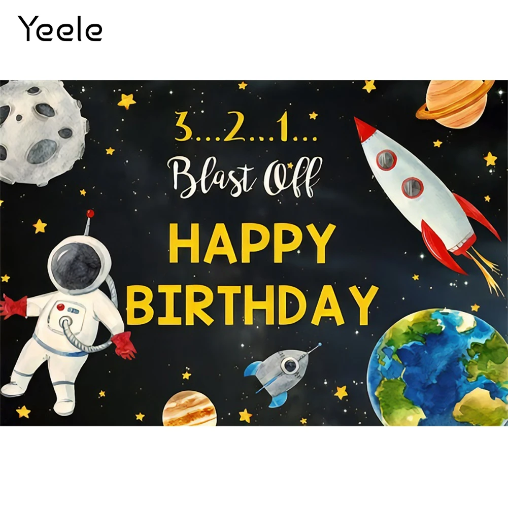 

Фон для детских фотосессий на день рождения, с изображением космонавта, ракеты
