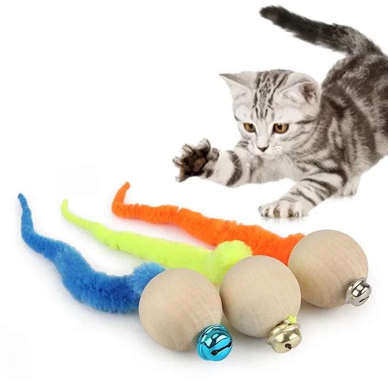 

Simulation Worm Cat Toy With Bell Wooden Ball Head Tail Interactive Teaser Cat Toys Pet Funny Cat Stick Replacement Head