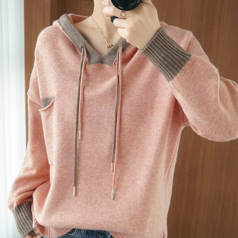 

Hooded Collar Sweater for Autumn Winter 2021 New Ladies Hooded Collar Pullover Casual Knitted Tops Korean Female Warm Sweater