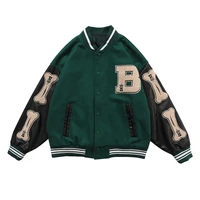2021 new furry bone letter patch color block patchwork 3 color optional harajuku college style bomber jacket men baseball coats