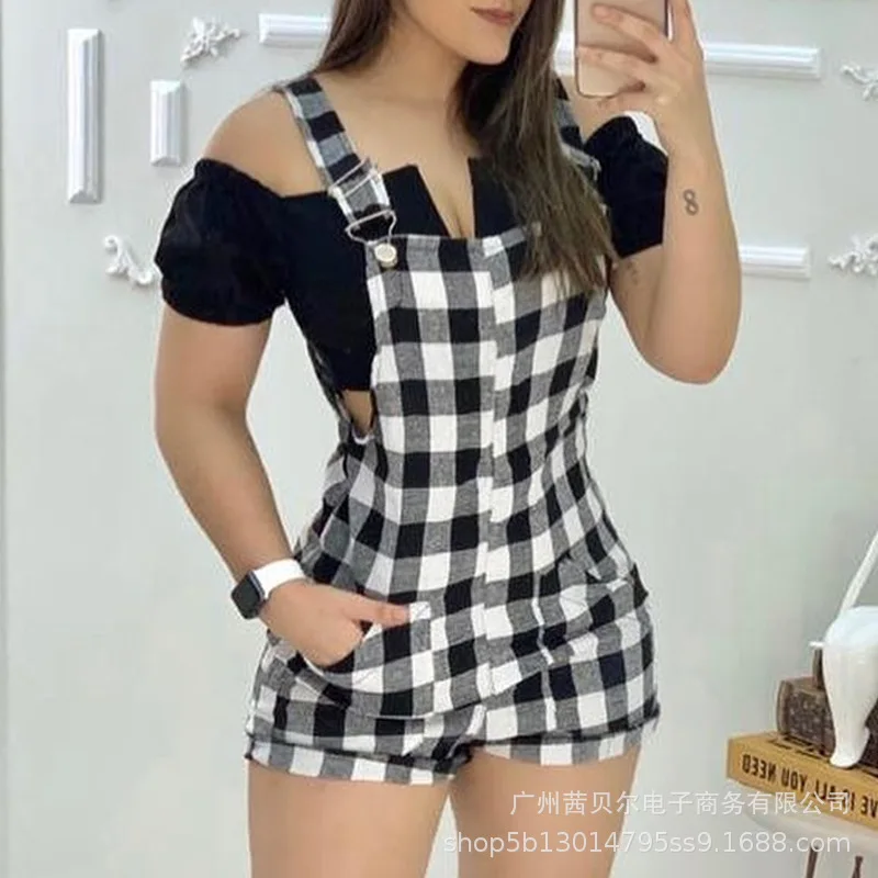

Mandylandy Women Plaid Short Jumpsuit Straps Romper Hip Hop Playsuit Casual Loose Checked Suspender Overalls Streetwear