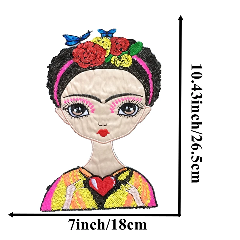 Антикварная бронза DZ New Arrival Frieda Artist Girl Sequined Iron on Patches for Clothes Floral Women Sequin Patches and Appliques DIY Decal - Цвет: Антикварная бронза