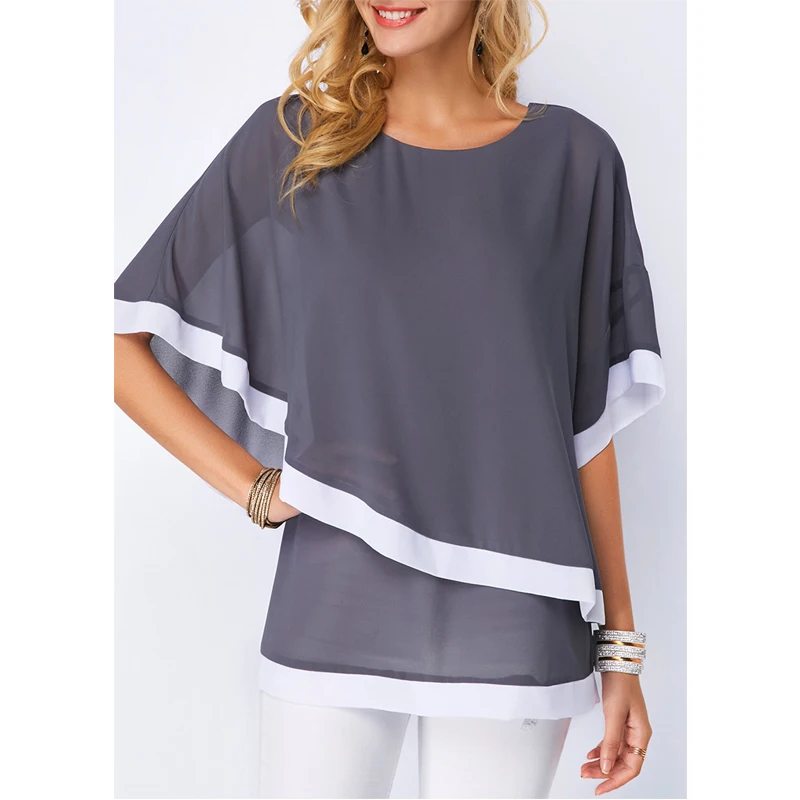 

Plus Size Chiffon Blouse Causal Patchwork Irregular Shirts Sexy Batwing O Neck Summer Women Blouse and Tops Oversized 5XL