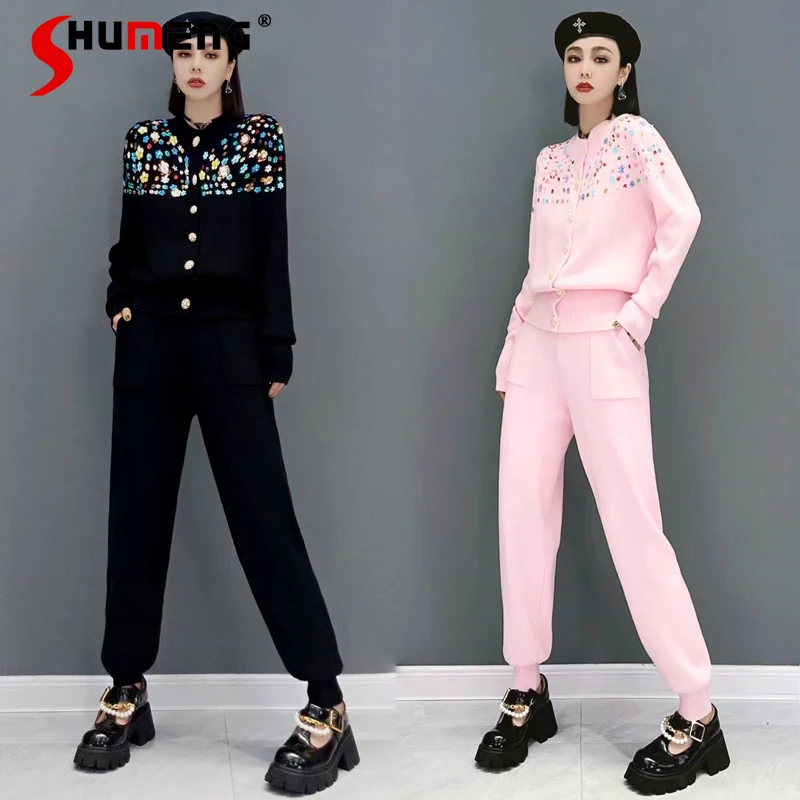 

2022 Autumn and Winter New Women's Fashion Pants Suit Woman Rhinestone Knitted Cardigan Sweater Casual Knit Pants Two-Piece Set