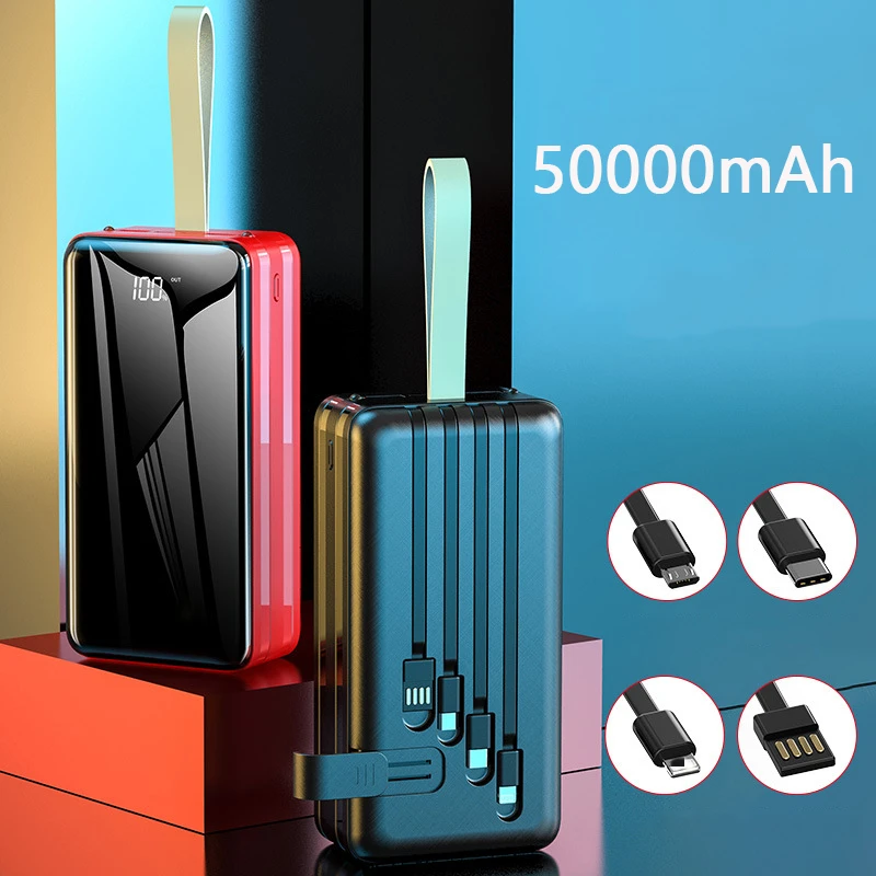 Precio Banco De Energía De Alta Capacidad, Cargador Portátil Con Cable Incorporado De 50000mAh Para IPhone 12 11, Xiaomi, Batería Externa Con Luz