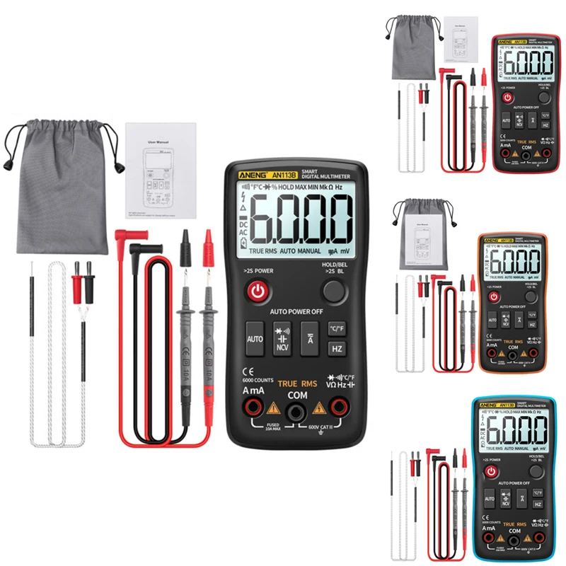 

ANENG AN113B Digital Multimeter True RMS with Temperature Tester 6000 Counts Auto-Ranging AC/DC Transistor Voltage
