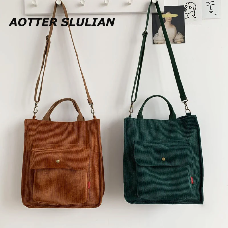 

Japanese Retro Canvas Tote Bag Handbag Simple Versatile Literary Big Shoulder Messenger Bag Women Corduroy Canvas Shopping Pouch